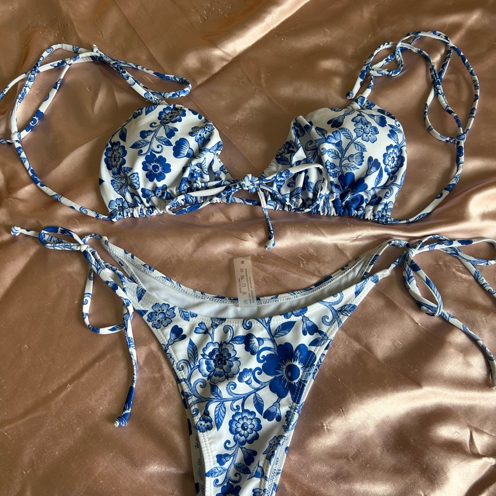 Blue and White Floral Bikini Set